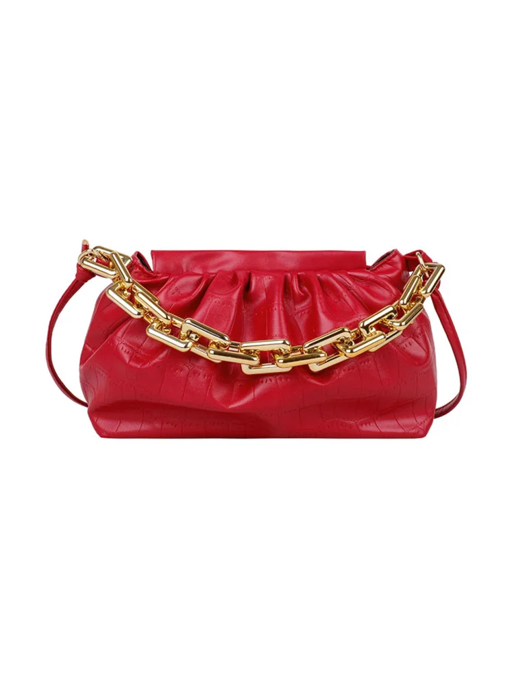 Women Pleated Handbag Stone Pattern PU Chain Shoulder Crossbody Bag (Red)
