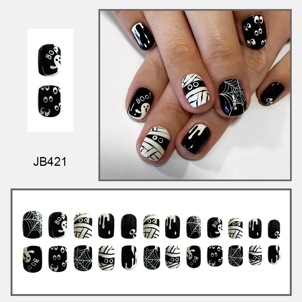 Churchf Churchf Short Square Armor Black And White Bandage Mummy Halloween Element Fake Nail Finished Wear Armor Holiday Nail