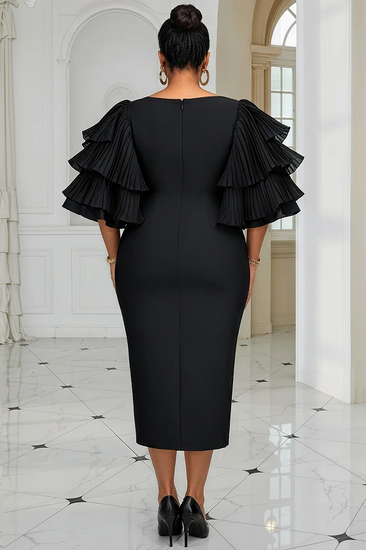 Xpluswear Design Plus Size Formal Black Round Neck Puff Sleeve 3/4 Sleeve Drilling Elegant Bodycon Midi Dresses - Xpluswear.com Xpluswear Design Plus Size Formal Black Round Neck Puff Sleeve 3/4 Sleeve Drilling Elegant Bodycon Midi Dresses - Xpluswear.com