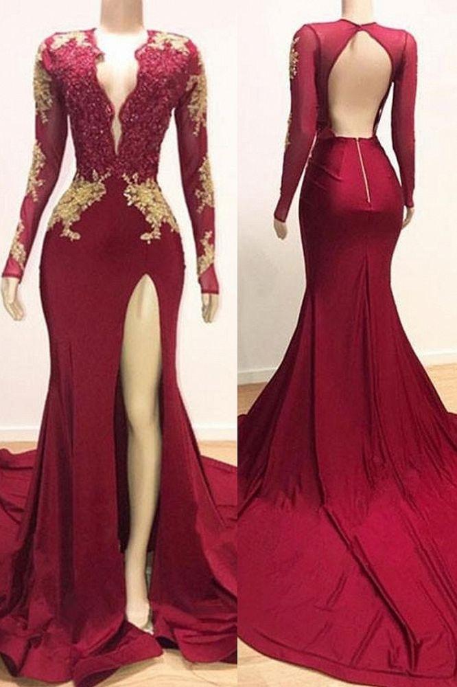 Bellasprom Lace Appliques Mermaid Prom Dress With Slit Long Sleeves Bellasprom