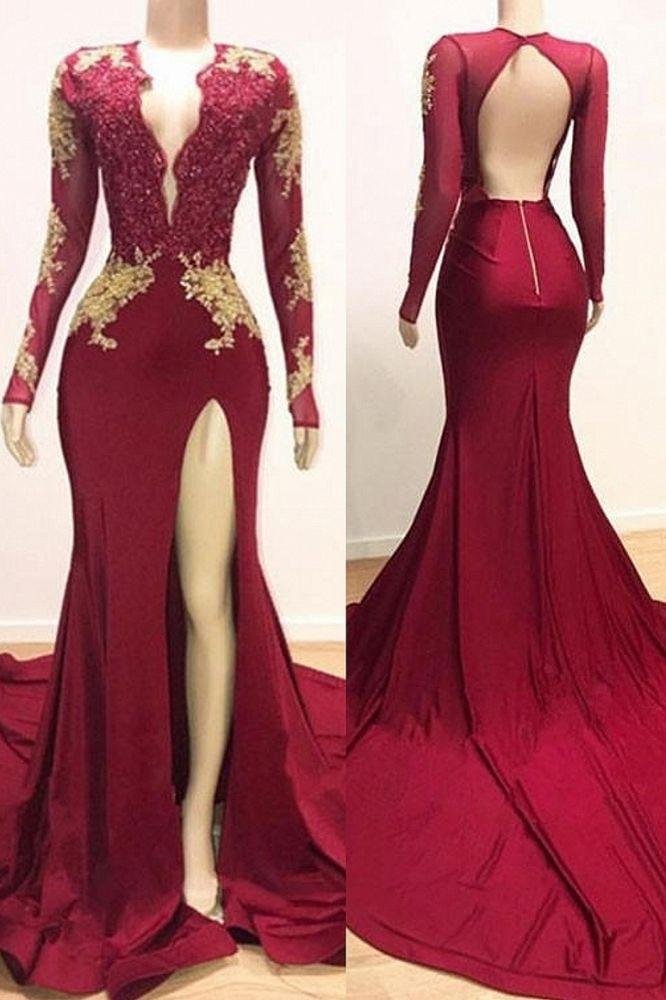 Luluslly Long Sleeves Lace Appliques Mermaid Prom Dress With Slit