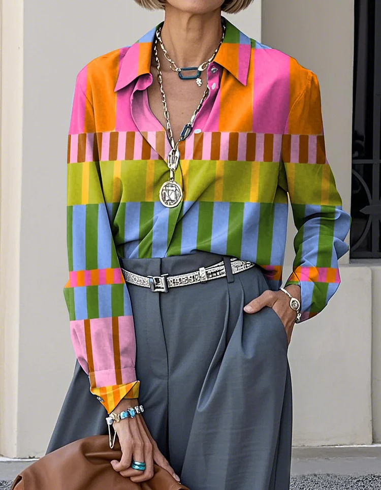 Elegant Abstract Geometric Art Print Lapel Casual Long Sleeve Shirt