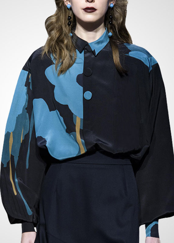 VCSHOES Black Peter Pan Collar Asymmetrical Print Blouse Tops Spring