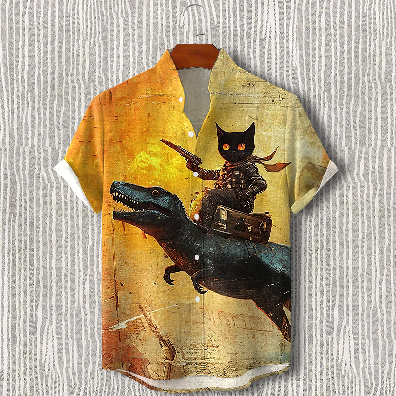 Men's Cat Dinosaur Pattern Vacation Shirt