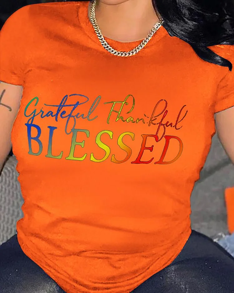 Grateful Thankful Blessed Ombre Letter Print Casual T-shirt