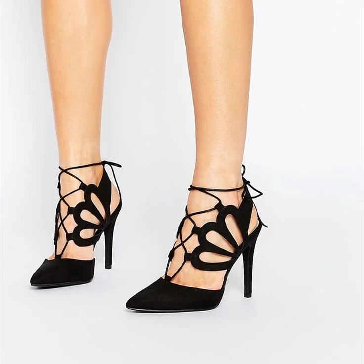 Black Laser Cut Pointy Toe Stiletto Heel Pumps with Lace Up Vdcoo
