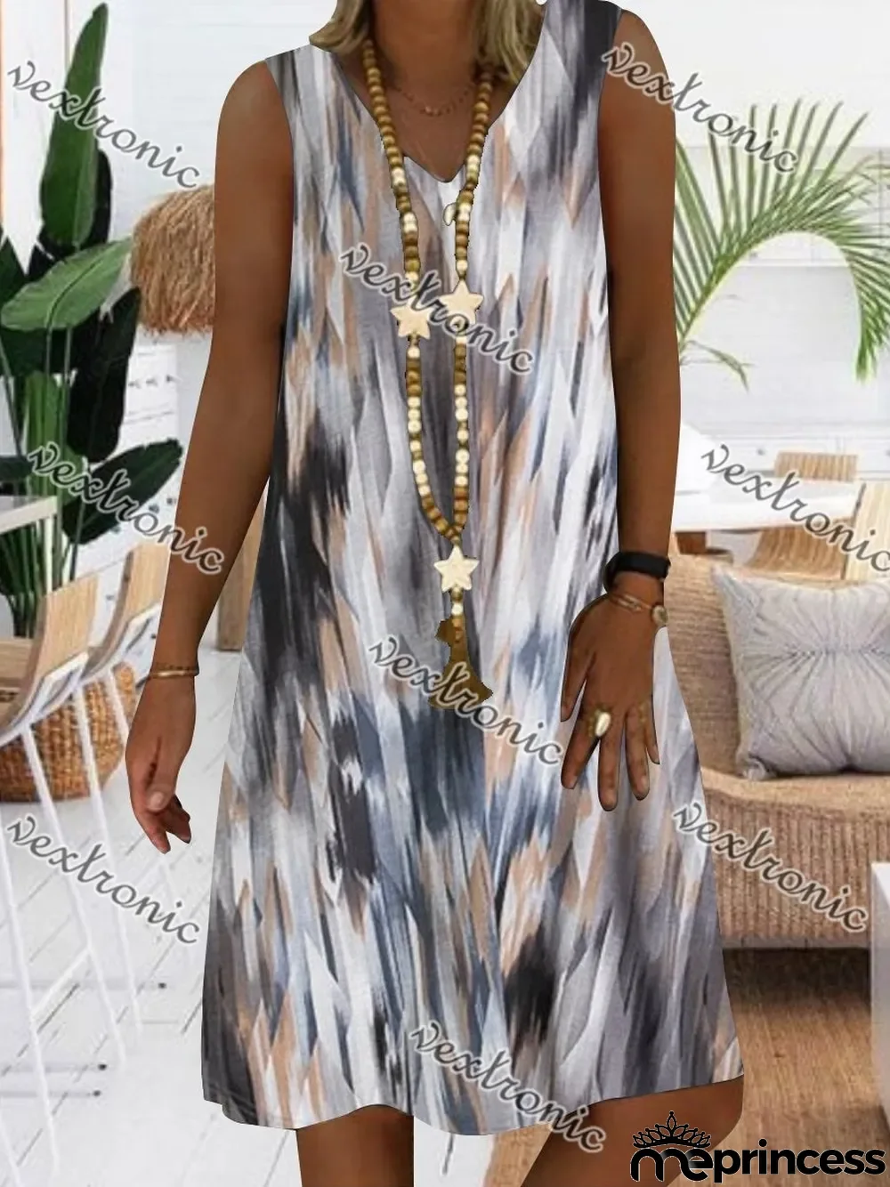 Women White Sleeveless V-neck Printed Midi Dress