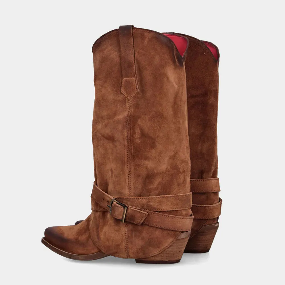 Distressed Brown Block Heel Fold Over Buckled Western Boots for Women 