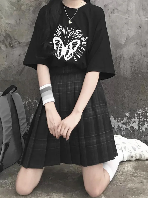 Harajuku Style Dark Academia JK Lolita Pleated High Waist Black Plaid ...