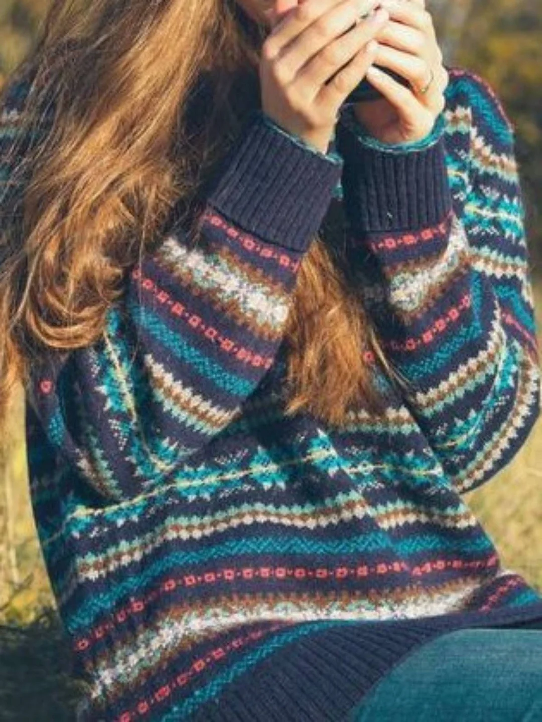 Cotton-Blend Round Neck Long Sleeve Sweater | EGEMISS