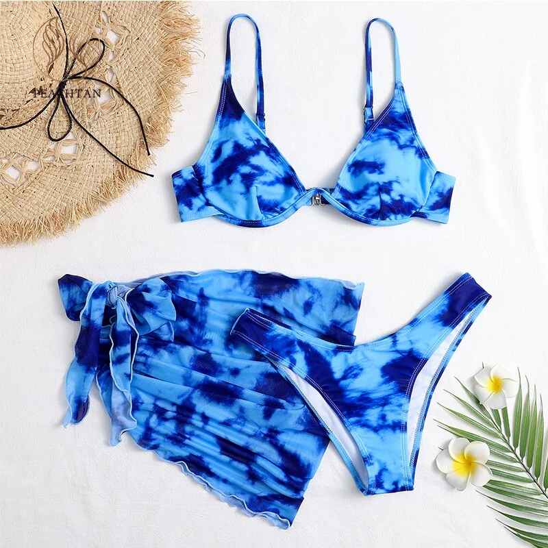 Peachtan Tie dye bikini 2021 Skirts 3 pieces set Push up swimsuit women Underwired swimwear female Sexy bathing suit beach wear