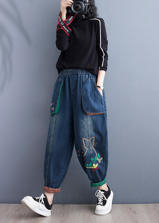 VCSHOES Blue Cartoon Embroideried Pockets Elastic Waist Denim Pants Spring
