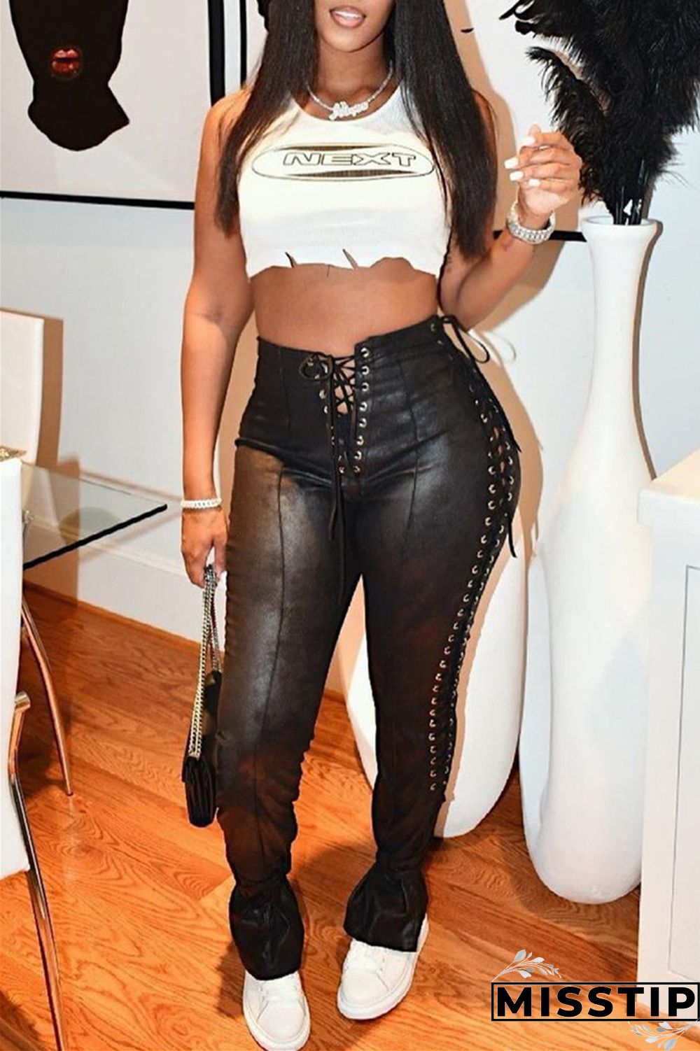 Black Fashion Casual Solid Bandage Skinny High Waist Pencil Trousers