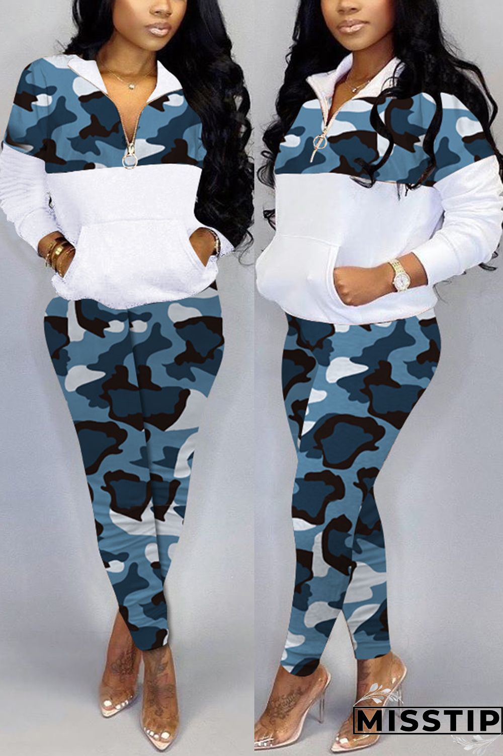 Blue Stylish Casual Printing Long Sleeve Zipper Sports Set