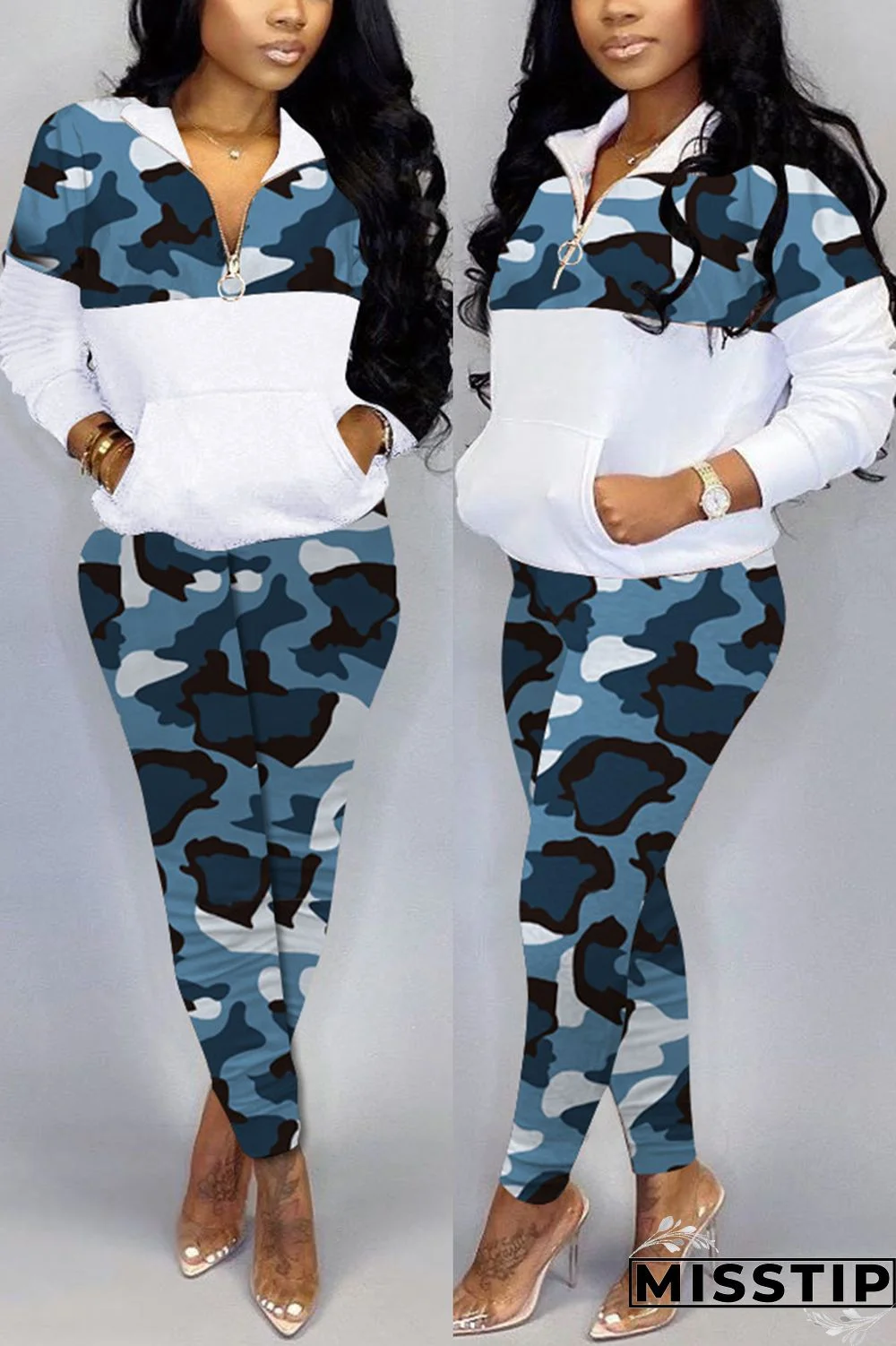 Blue Stylish Casual Printing Long Sleeve Zipper Sports Set