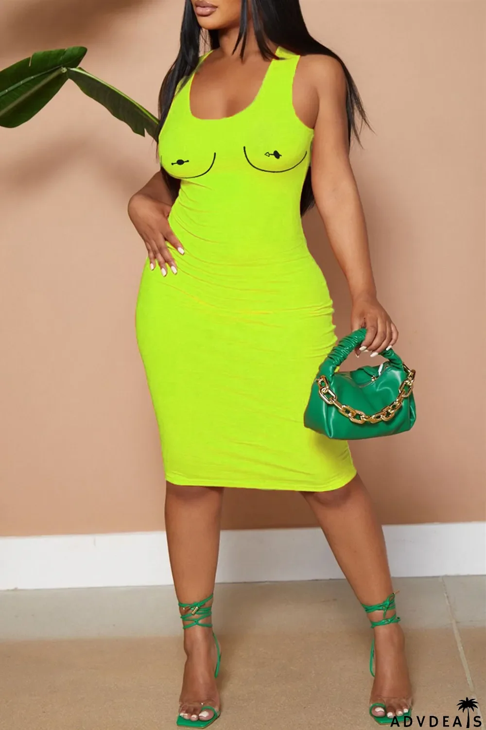 Red Fashion Casual Print Basic U Neck Vest Dress