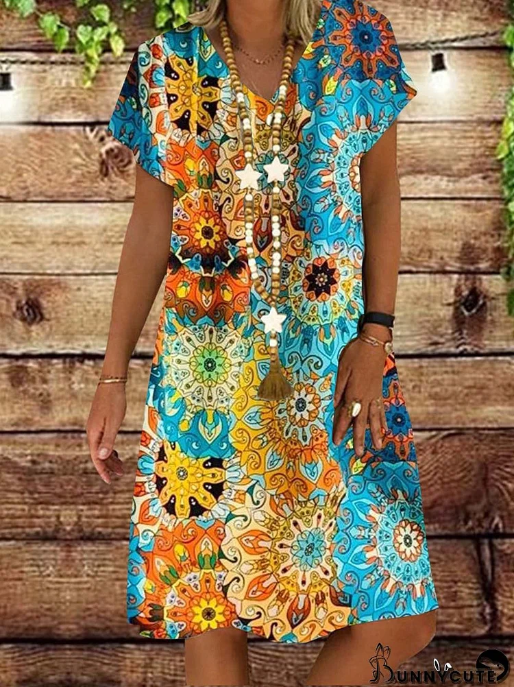 Women's Short Sleeve V-neck Floral Printed Midi Dress