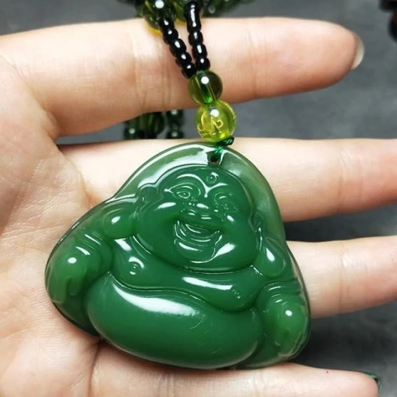 Vintage Carving Green Maitreya Buddha Pendant Necklace Mens  Amulet-VESSFUL