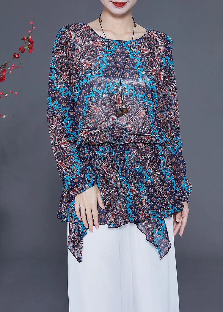 Blue Print Chiffon Shirt Tops Asymmetrical Hem Spring