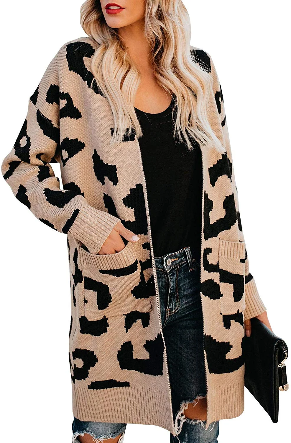 Womens Leopard Print Cardigan Sweater Open Front Long Sleeve Loose Knit Coat with Pockets