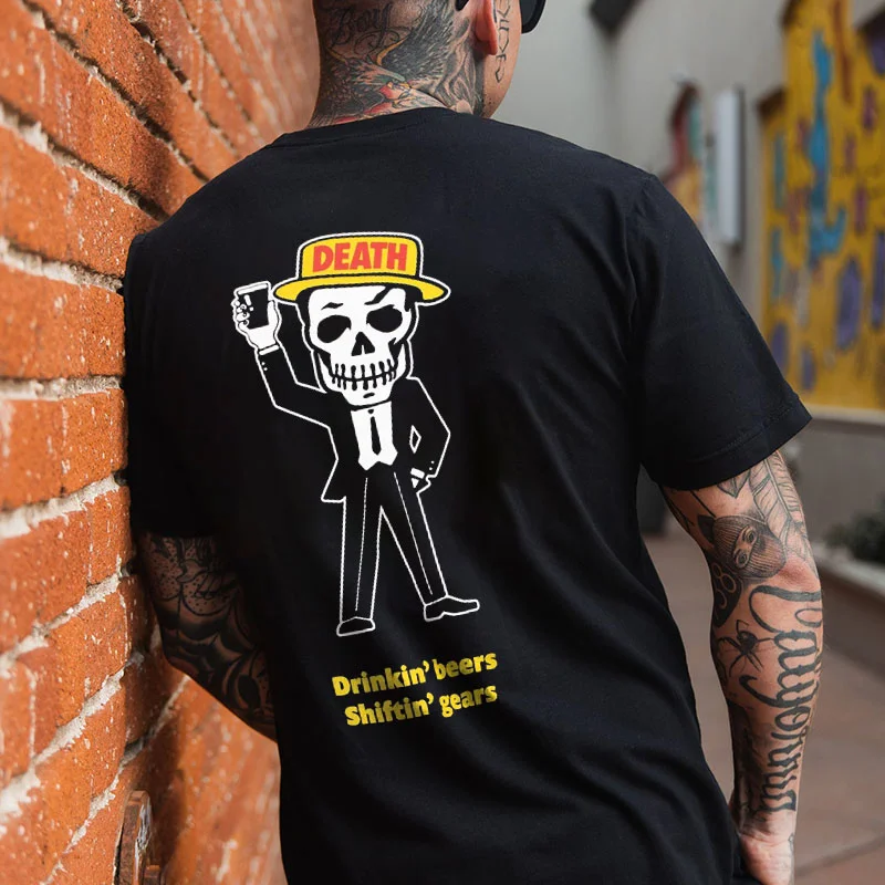 DEATH Drinkin' beers Siftin' gears Skeleton Graphic Black Print T-shirt