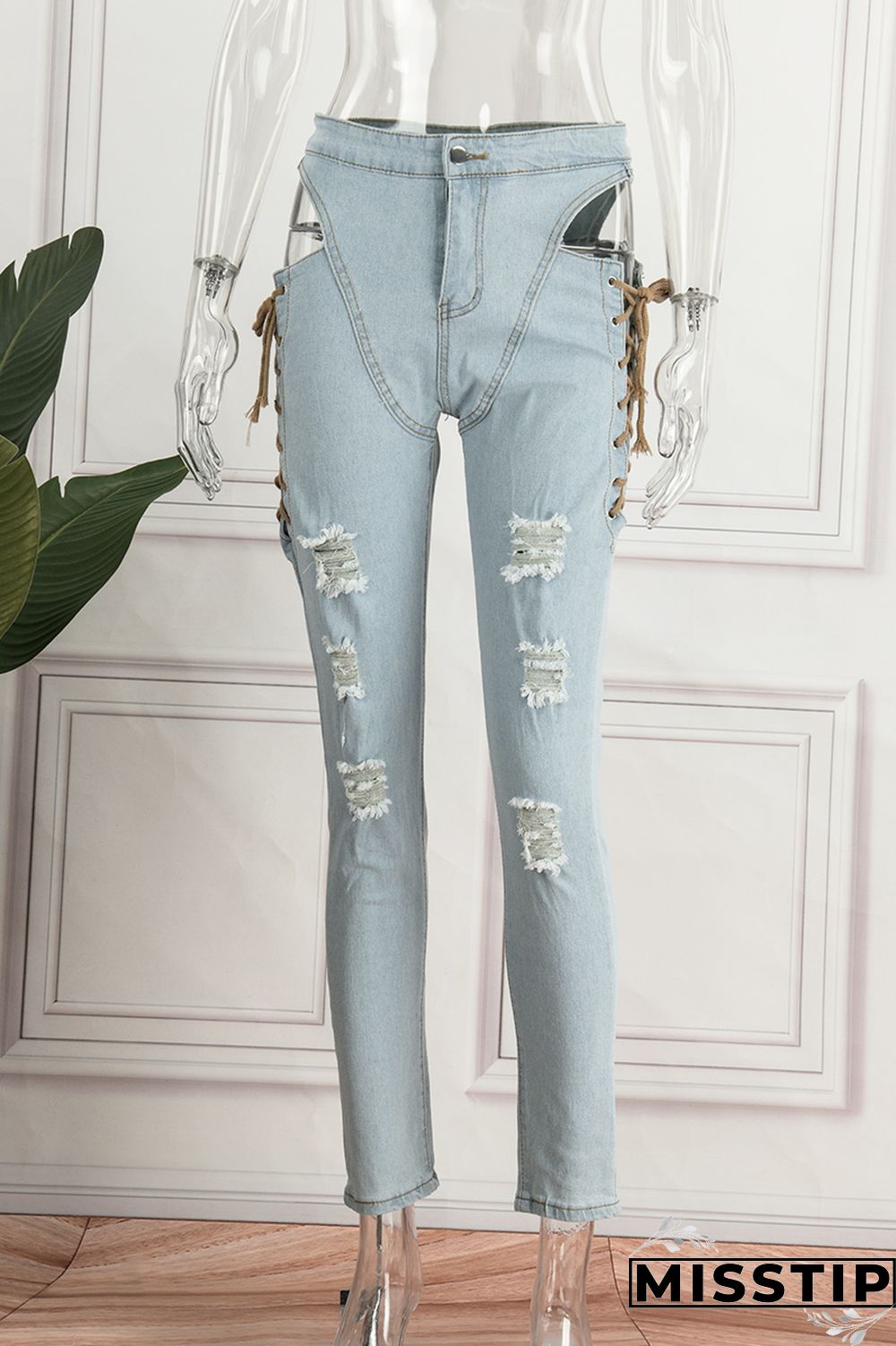 Light Blue Casual Solid Ripped Hollowed Out Frenulum Mid Waist Skinny Denim Jeans