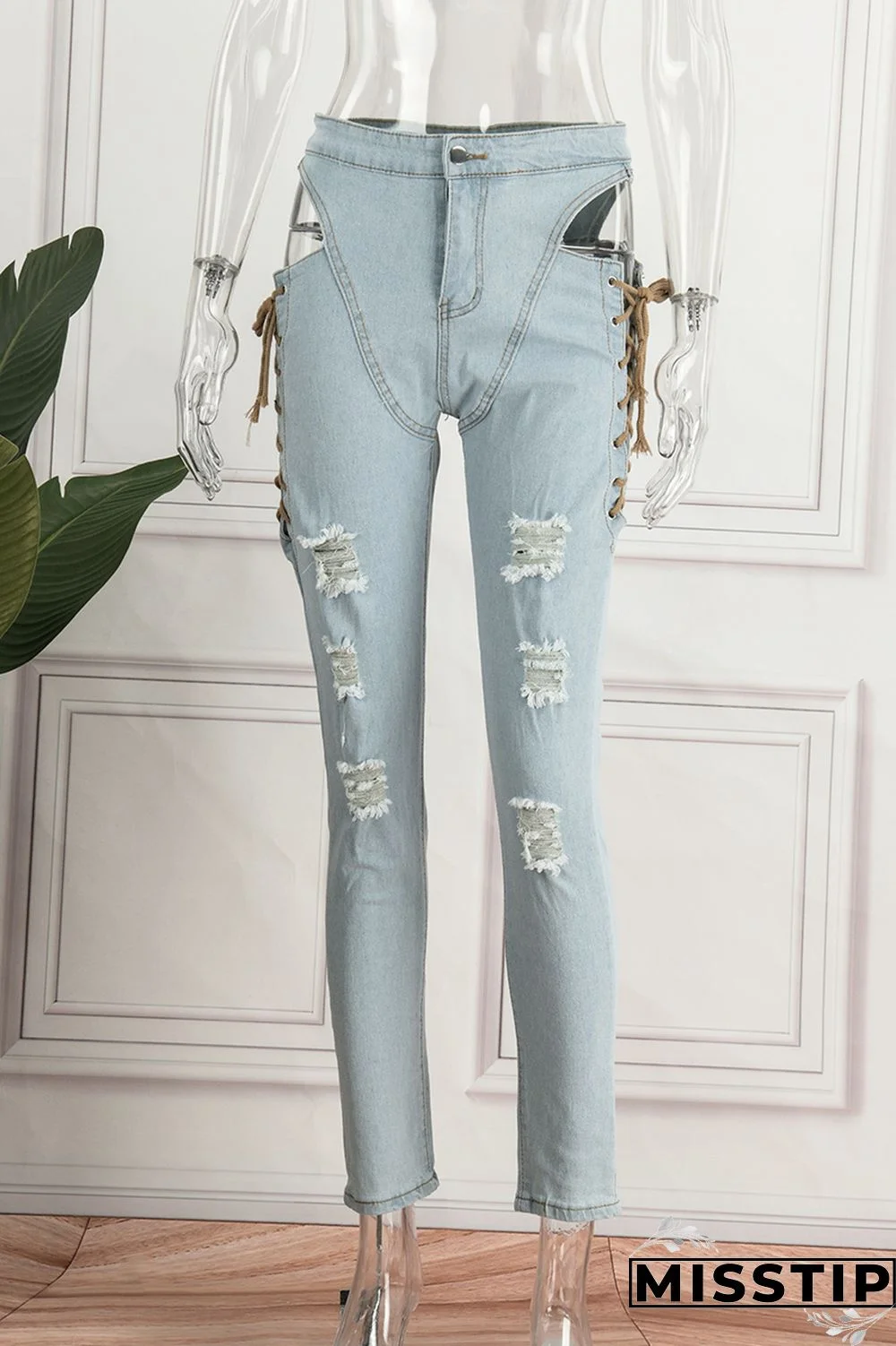 Light Blue Casual Solid Ripped Hollowed Out Frenulum Mid Waist Skinny Denim Jeans