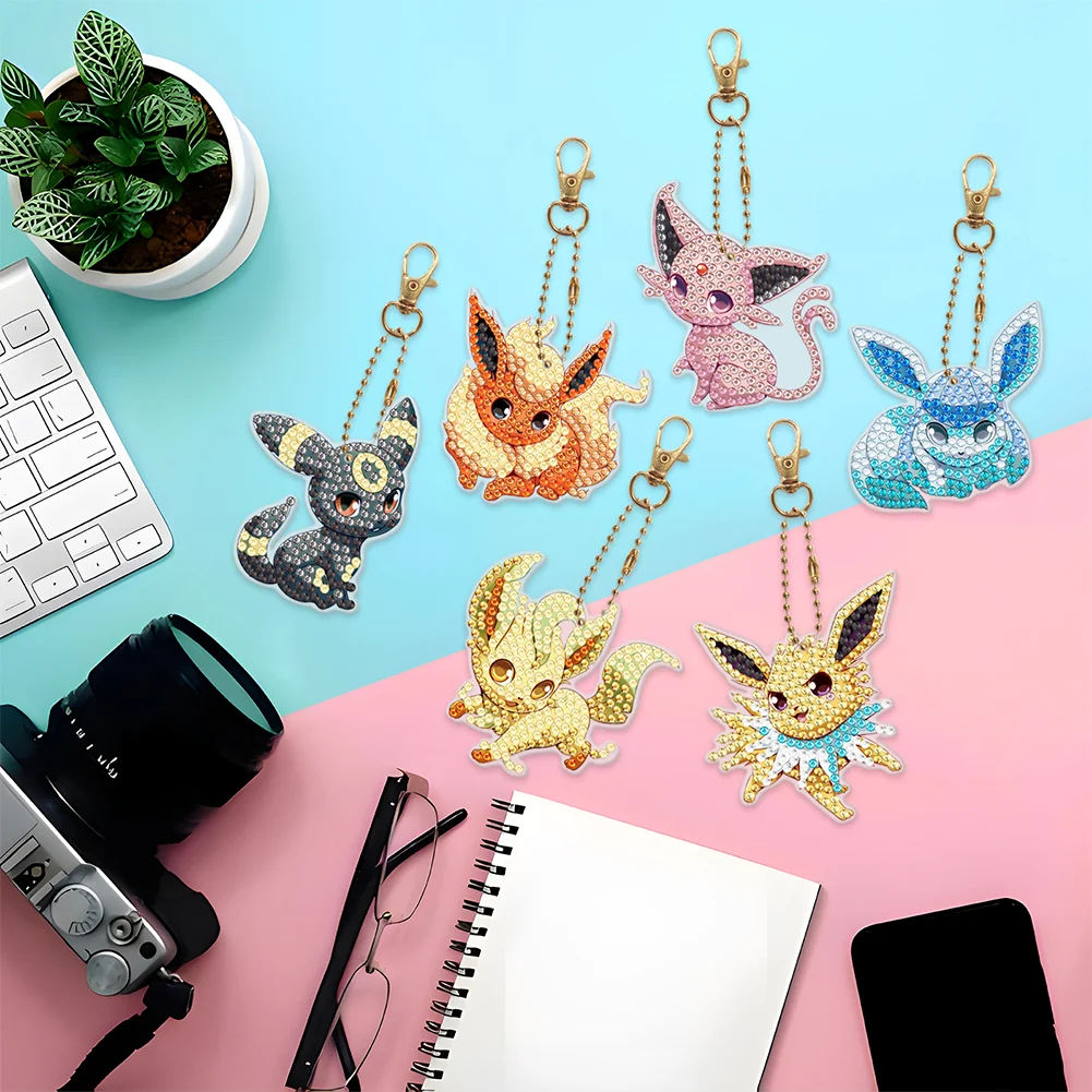 6pcs/set Diamond Painting Pokemon Keychains Acrylic DIY Key Chains Charm Crafts