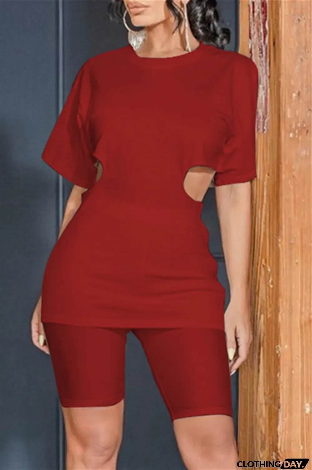 Brown Fashion Casual Solid Hollowed Out Zipper O Neck Short Sleeve Two Pieces