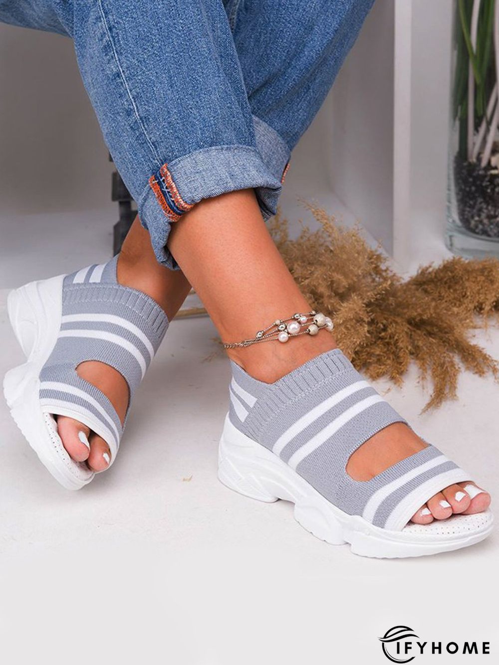 Casual Low Heel Gray Open Toe Sandals | IFYHOME