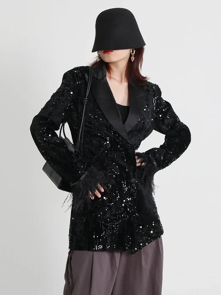 Party Black Lapel Sequin Double-breasted Long Sleeve Splicing Feather Blazer