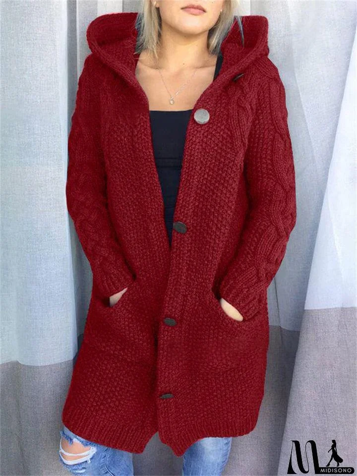MidiSono - Women's Warm Buttoned Hooded Long Sweater Cardigan