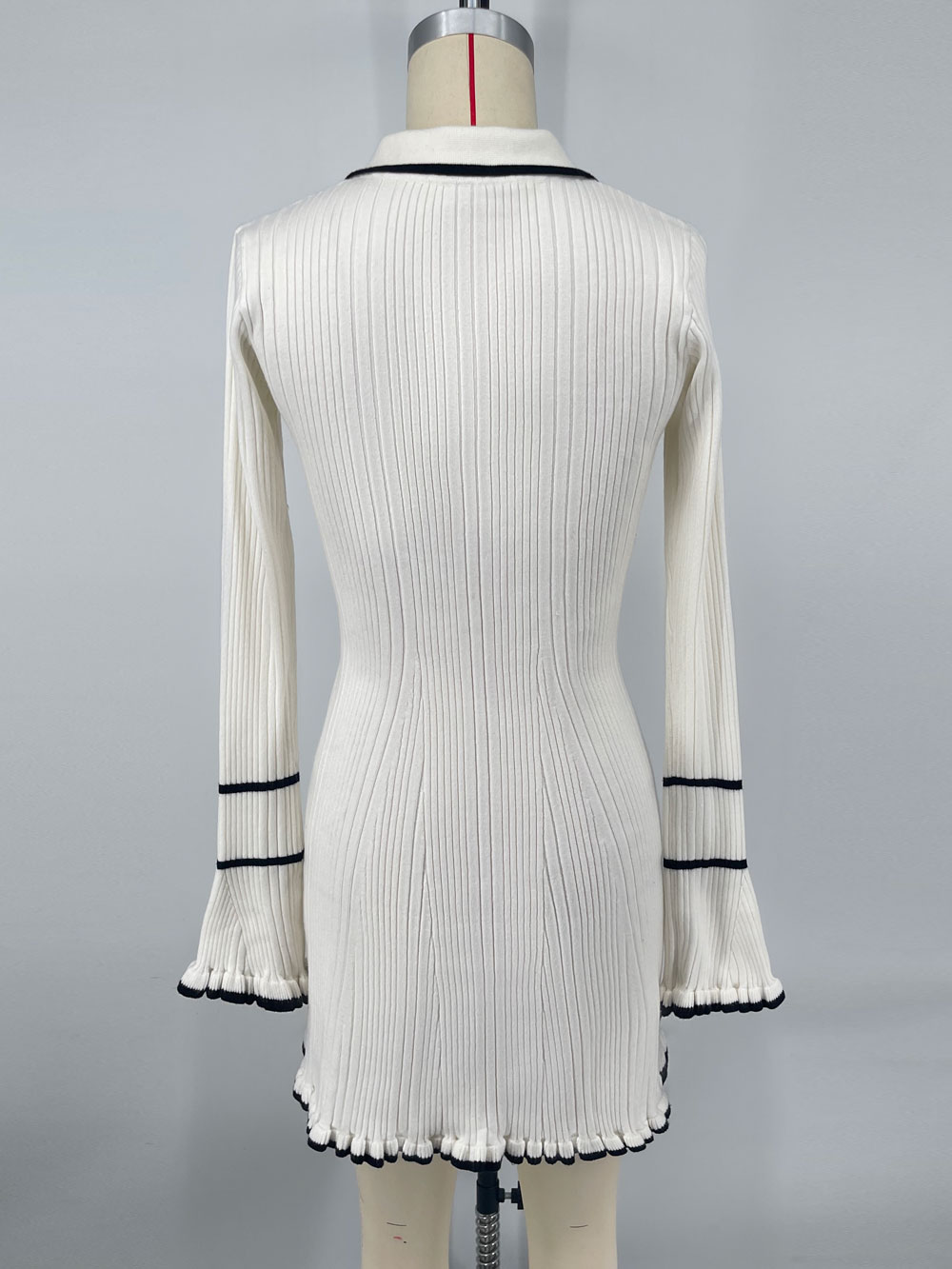 Ootddress Ruffled Fashion Knit Dress Women Autumn Ribbed Contrast Long Sleeve High Waist Lapel Gown Dress Knitwear Ladies Maxi Dress