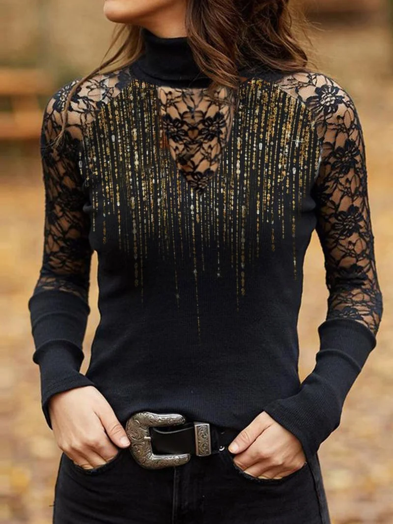 V-neck gold stripe print lace long sleeve sexy T-shirt