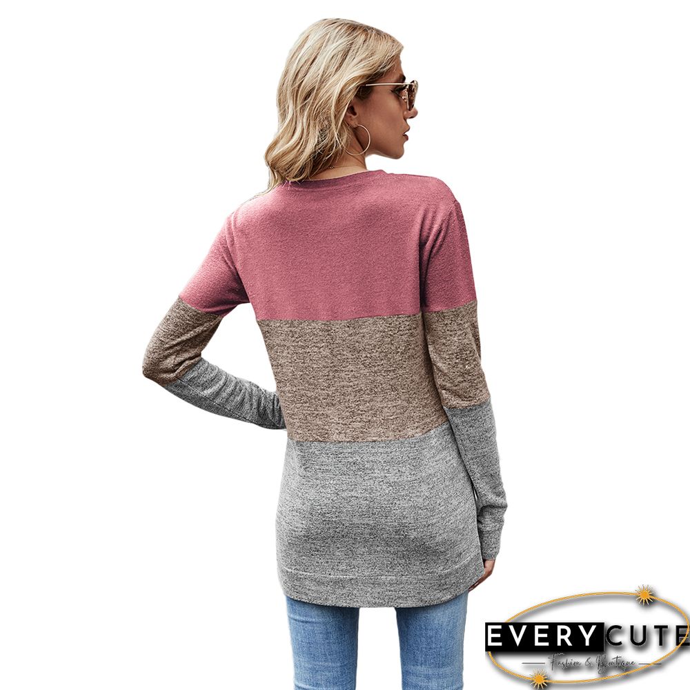 Red Color Block Loose Style Pullover Sweatshirt
