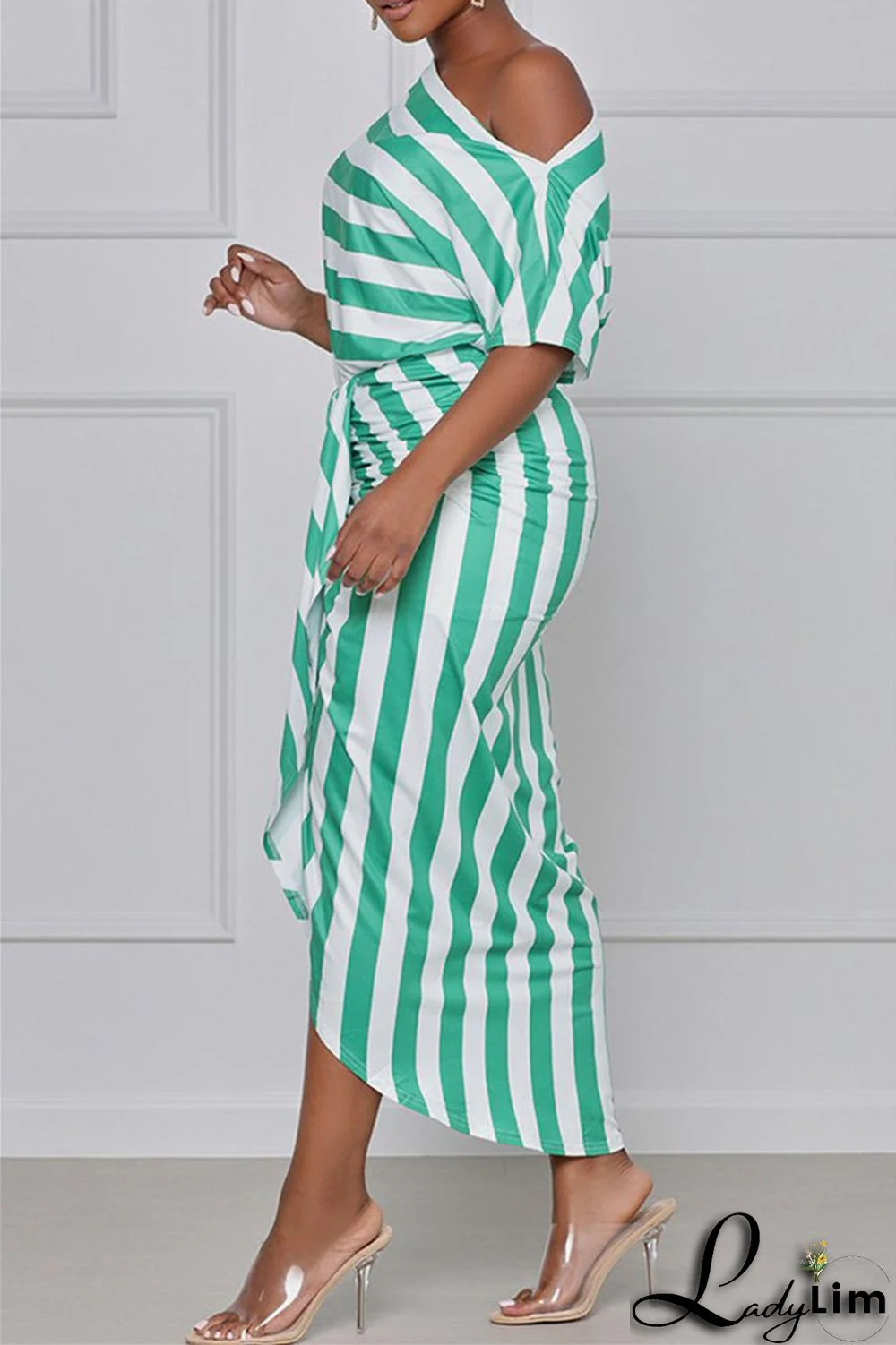 Black Fashion Casual Striped Print Asymmetrical Oblique Collar Short Sleeve Dress