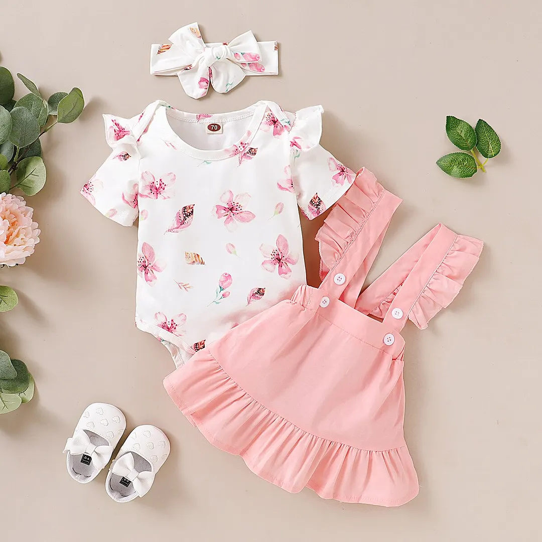 Newborn Infant Baby Girl Skirt 3Pcs Outfit  Suit Fashion Floral Short Sleeve Jumpsuit Solid Color Suspender Skirt and Headband