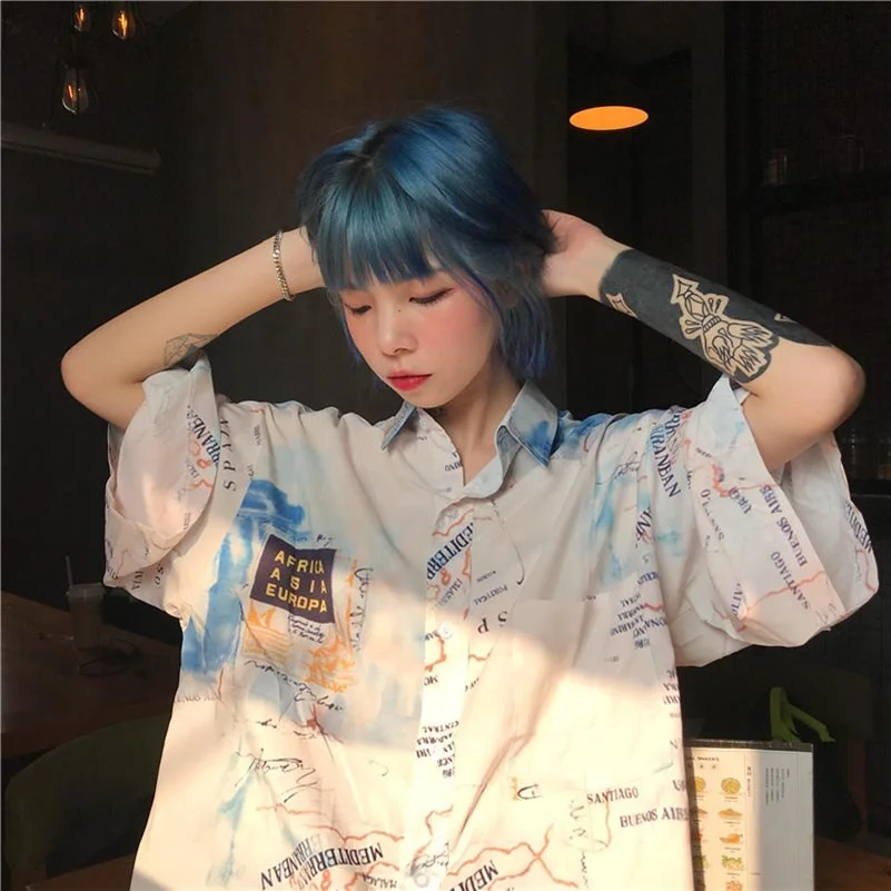 Button Up Shirt Women Summer Harajuku Blouse Short Sleeve Shirt Digtal Print Map Tops Blouses Casual Blusas Camisas Mujer 2021