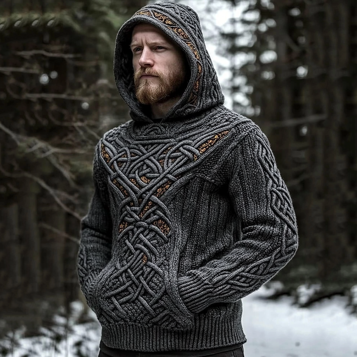Men's Viking Jacquard Celtic Style Cozy Knit Hooded Sweater