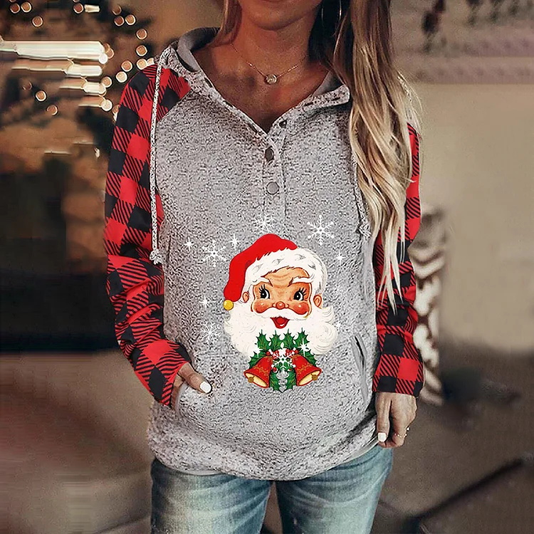 Wearshes Santa Print Panel Plaid Long Sleeve Hoodie