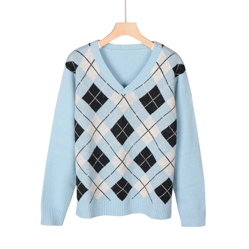 Winter Argyle Sweater Women Loose Diamond Pattern Knitted Sweater Female Elegant V Neck Jumper Pullovers Women Chic Tops