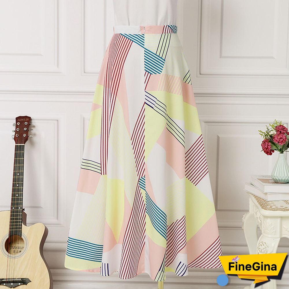 Stylish Women High Waist Maxi Skirt Holiday Summer Casual Loose Stripe Long Skirts