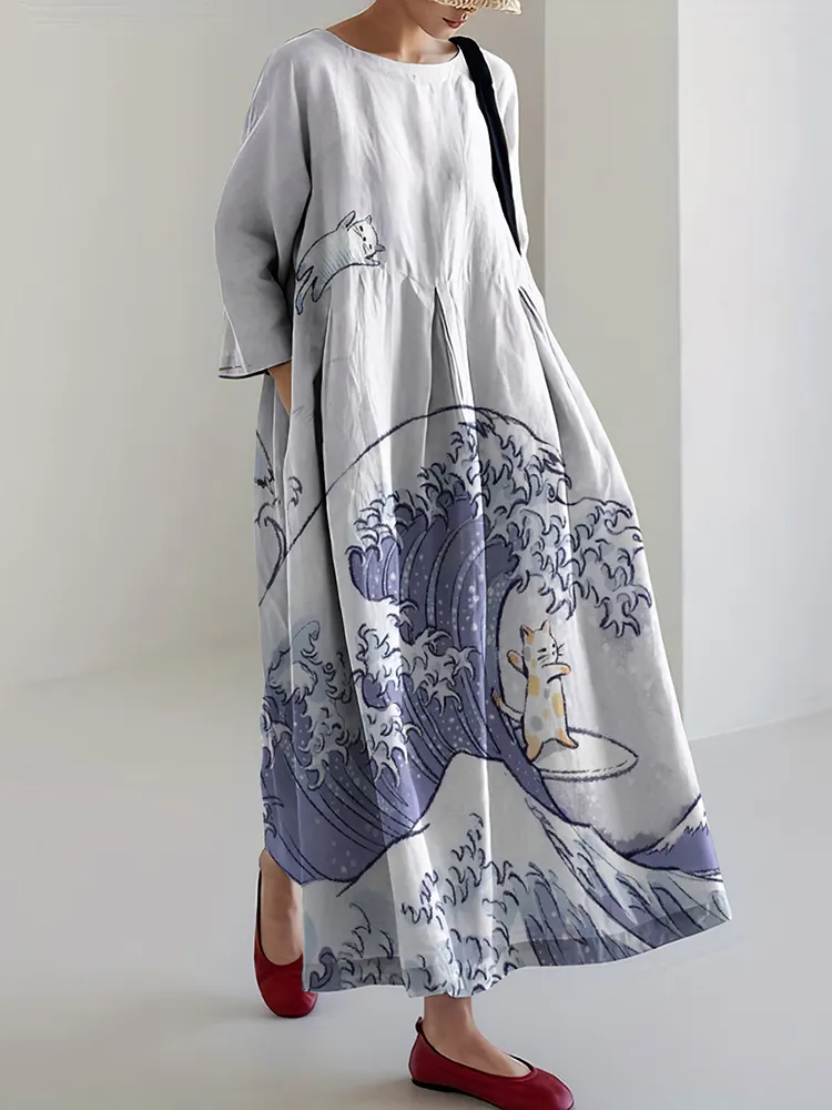 Cozy Cat Surfing Of The Great Waves Linen Blend Casual Maxi Dress
