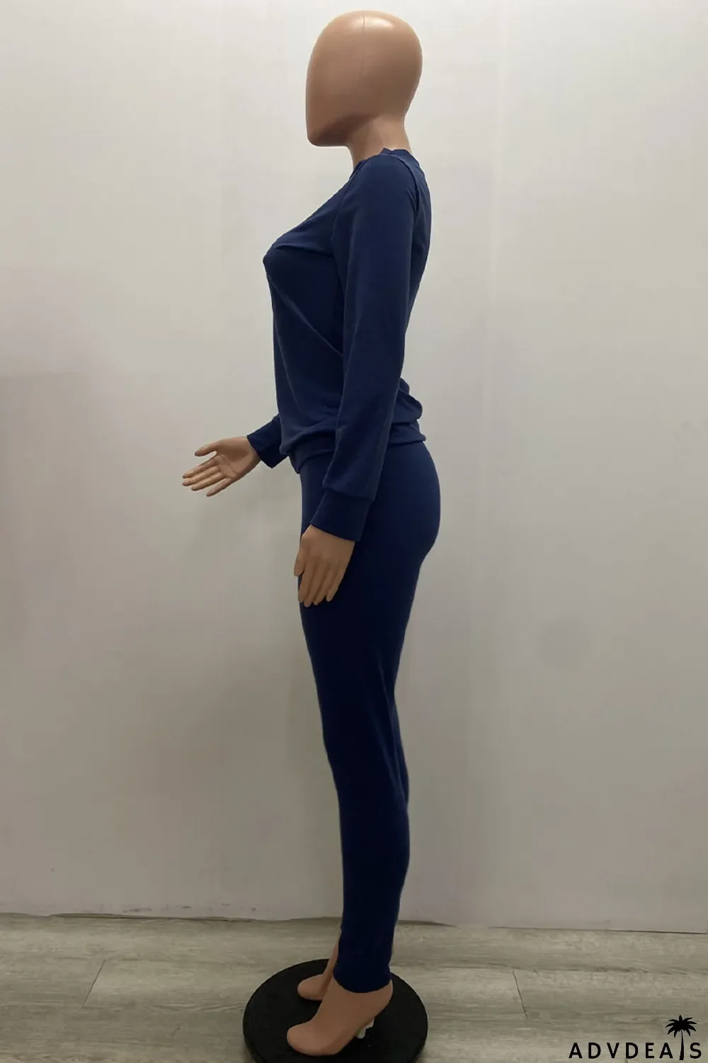 Royal blue Daily Solid Split Joint Pocket O Neck Long Sleeve Regular Sleeve Regular Two Pieces
