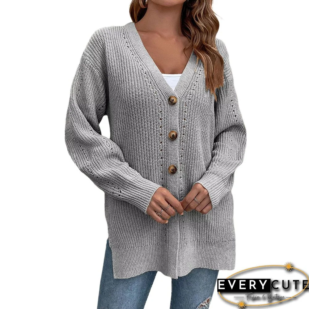 Gray Hollow-out Button Split Cardigan