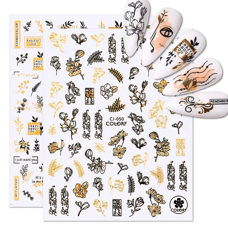 1 Pc White Gold Laser Leaves 3D Nail Stickers Leaf Cute Spring Sliders for Nails Flowers Adhesive Sticker Nail Art Design Decal-Nail Inspo