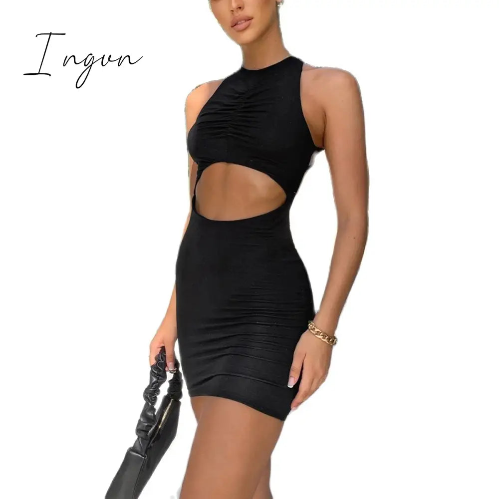 Ingvn - 2023 New Sleeveless European American Summer Sexy Black Hollow Round Neck Wrapped Hip Open