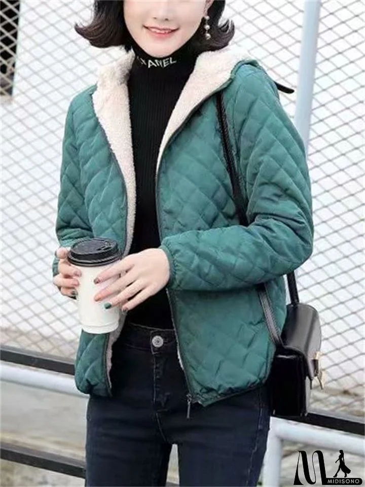 MidiSono - Women's Sports Style Solid Color Plush Liner Short Coat with Hood