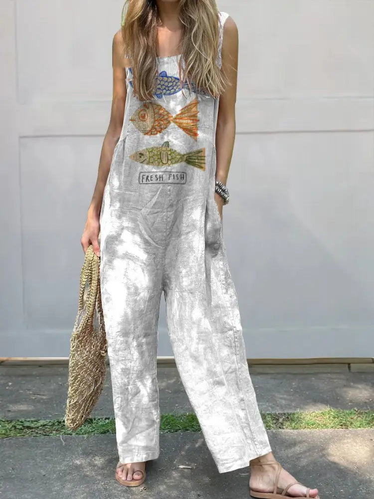 Line Drawing Fish Graphic Printed Women's Casual 100% Cotton Wide Leg Jumpsuit