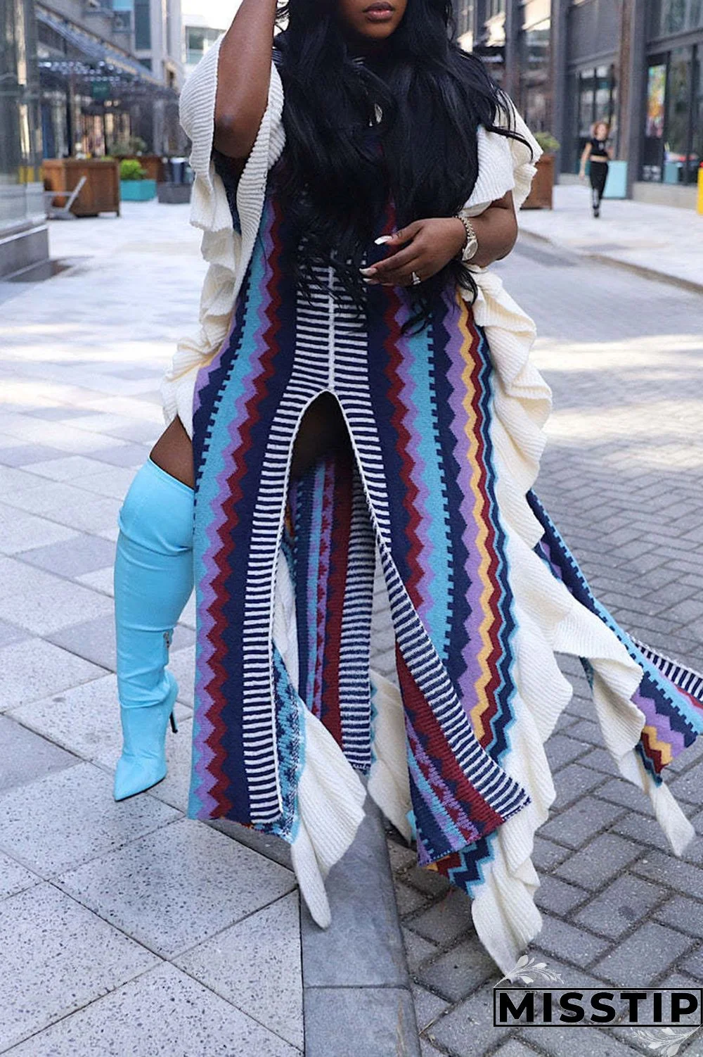 Blue Casual Print Patchwork Flounce Slit O Neck Straight Dresses